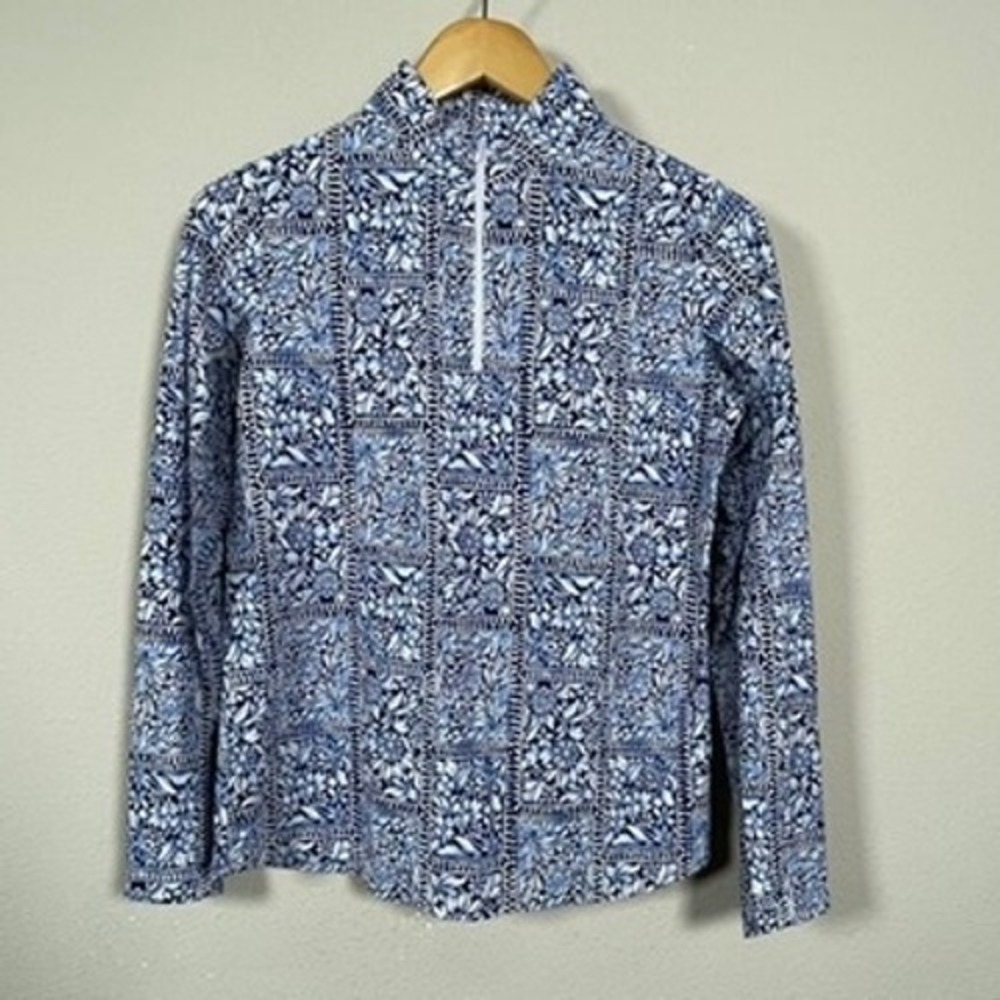 IBKÜL Sun Shirt Women S Blue Floral Coastal Golfcore UPF 50+ Quarter Zip Top